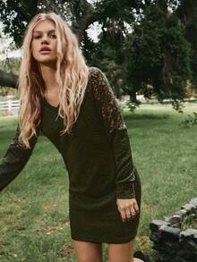 Freevana 女士休闲撞色蕾丝插肩袖连衣裙，秋季绿色连衣裙，波西米亚风女装，哥特乡村西部风 - 軍綠色 - 查看 7