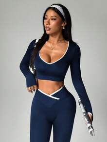 Dewbera 2pcs/Set Women Seamless Contrast Color Sports Set Navy Workout Set Athletic Two Piece Set Active Two Piece Set Gym Two Piece Set Workout Legging Two Piece Set - Navy Blue - View 7