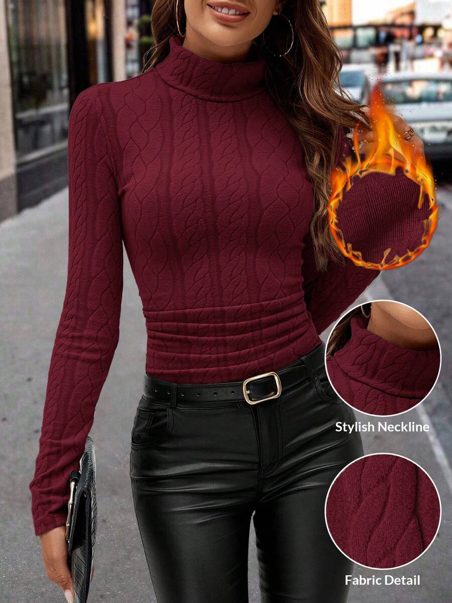 Editum Áo thun nữ cổ lọ dệt kim jacquard nhún bèo - Màu Đỏ Sâu - Xem 1