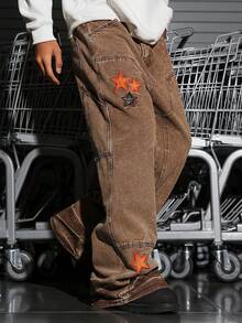 Manfinity EMRG Street Life Men's Pocket Star Patch Embroidered Brown Wide-Leg Casual Versatile Jeans - Brown - View 5