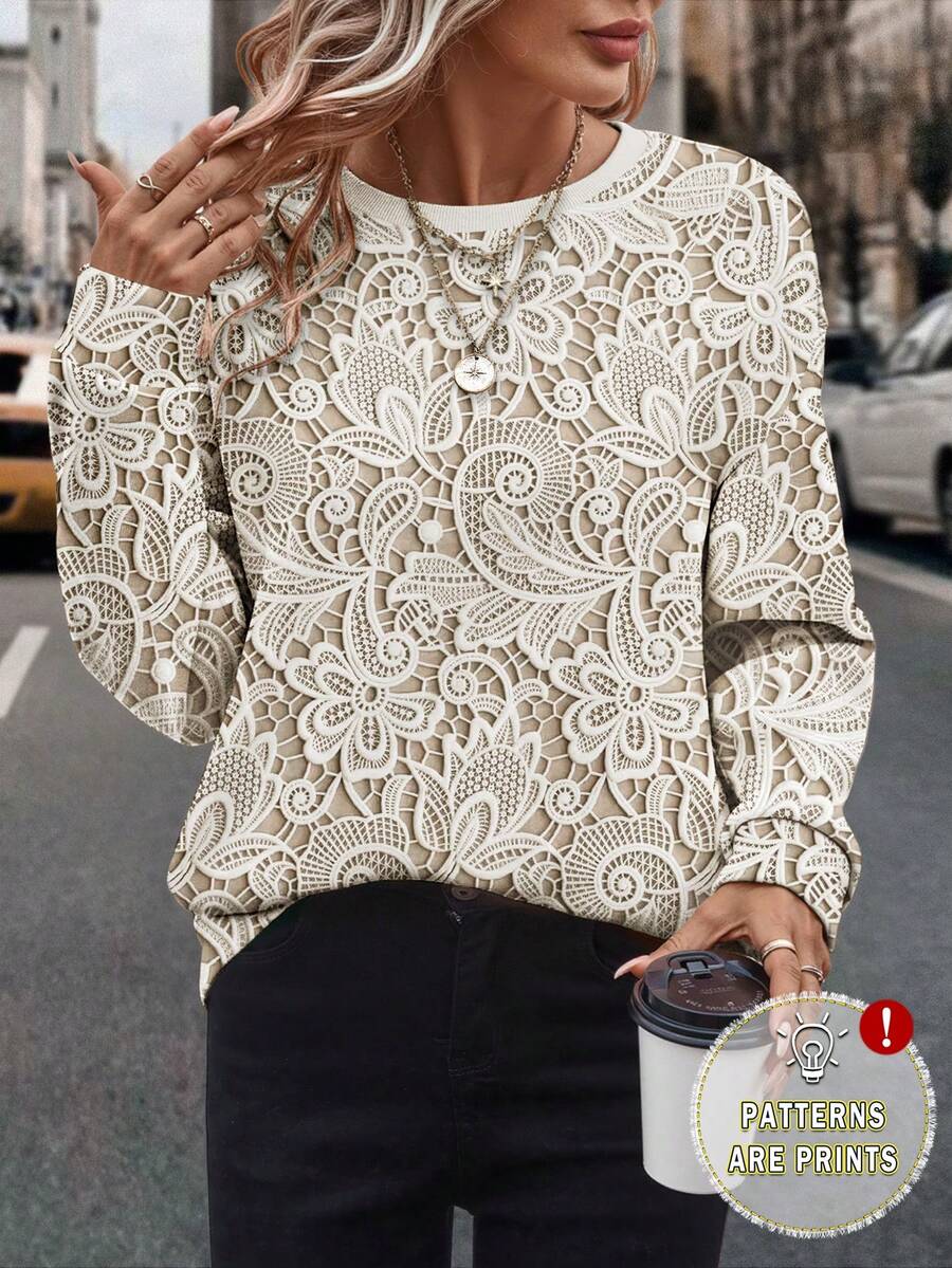 EMERY ROSE 女式蕾丝印花图案运动衫，舒适圆领长袖，适合日常穿着