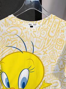 LOONEY TUNES X SHEIN Women's Casual Cute Cartoon Pattern Round Neck Short Sleeve T-Shirt, Summer - White - View 5