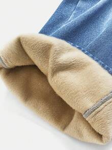 SHEIN 少女基础款灰色牛仔保暖内衬宽松牛仔裤，秋冬季保暖休闲高腰阔腿牛仔裤，百搭Y2K风格，适合教师、返校、教堂穿着、商务休闲女孩、工装牛仔裤连衣裙、秋冬季宽松裤、高腰长款阔腿牛仔裤、街头风、冬季裤装、羊羔绒牛仔裤、保暖牛仔裤 - 中等水洗藍 - 查看 4