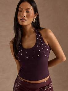 SHEIN BAE Áo croptop ngắn màu đỏ tía trơn kiểu Millennial dành cho nữ, thích hợp cho lễ hội âm nhạc, phong cách đường phố, dạo phố, thời trang năm mới, có miếng vá ủi, thời trang năm mới. - Cà phê nâu - Xem 6