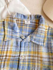 Joliand Joliand 1 件年轻男孩优雅学院风休闲都市蓝黄格子领长袖衬衫，适合外出、聚会、返校、秋冬季 - 彩色 - 查看 5