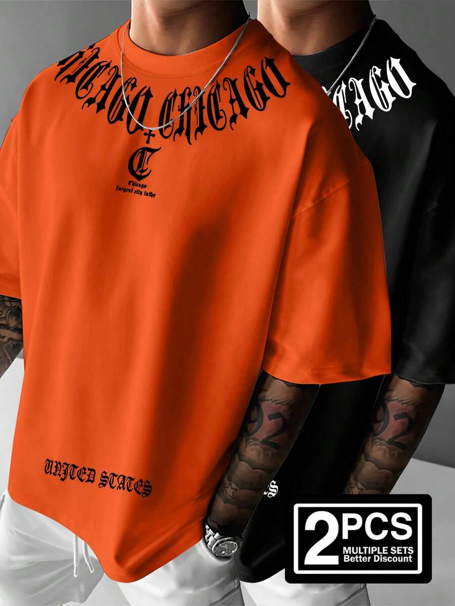 Manfinity EMRG 2pcs Chicago Gothic Style Graphic Loose Fit Men's Round Neck T-Shirts - Orange - View 1
