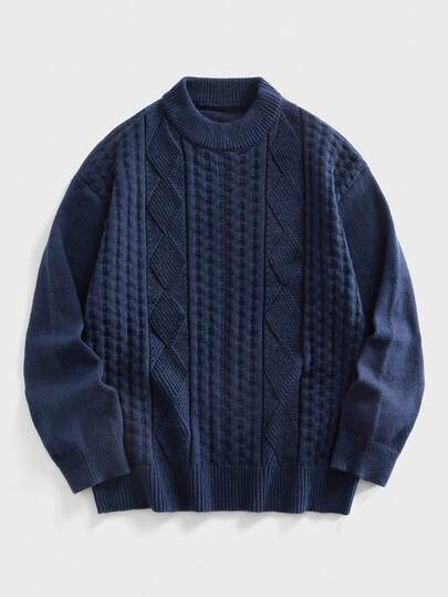 EASEVO 加大码男士纯色圆领长袖休闲麻花针织套头毛衣