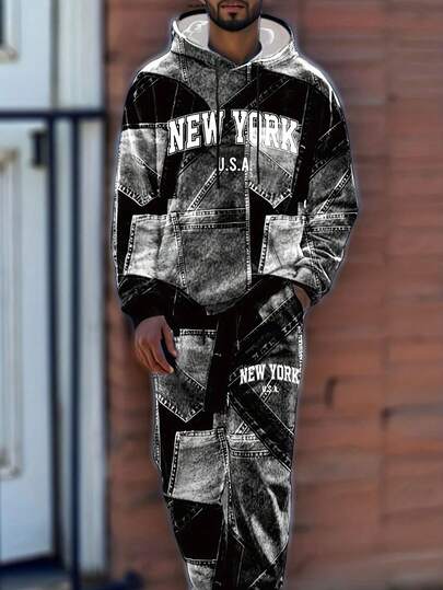 Manfinity Dauomo 秋季休闲套装 - 男士长袖印花卫衣，复古牛仔风格图案，常规版型套头卫衣和运动裤套装，适合日常穿着，时尚有型，都市风格，醒目的图案设计，舒适面料，时尚耐穿，年轻男士运动套装