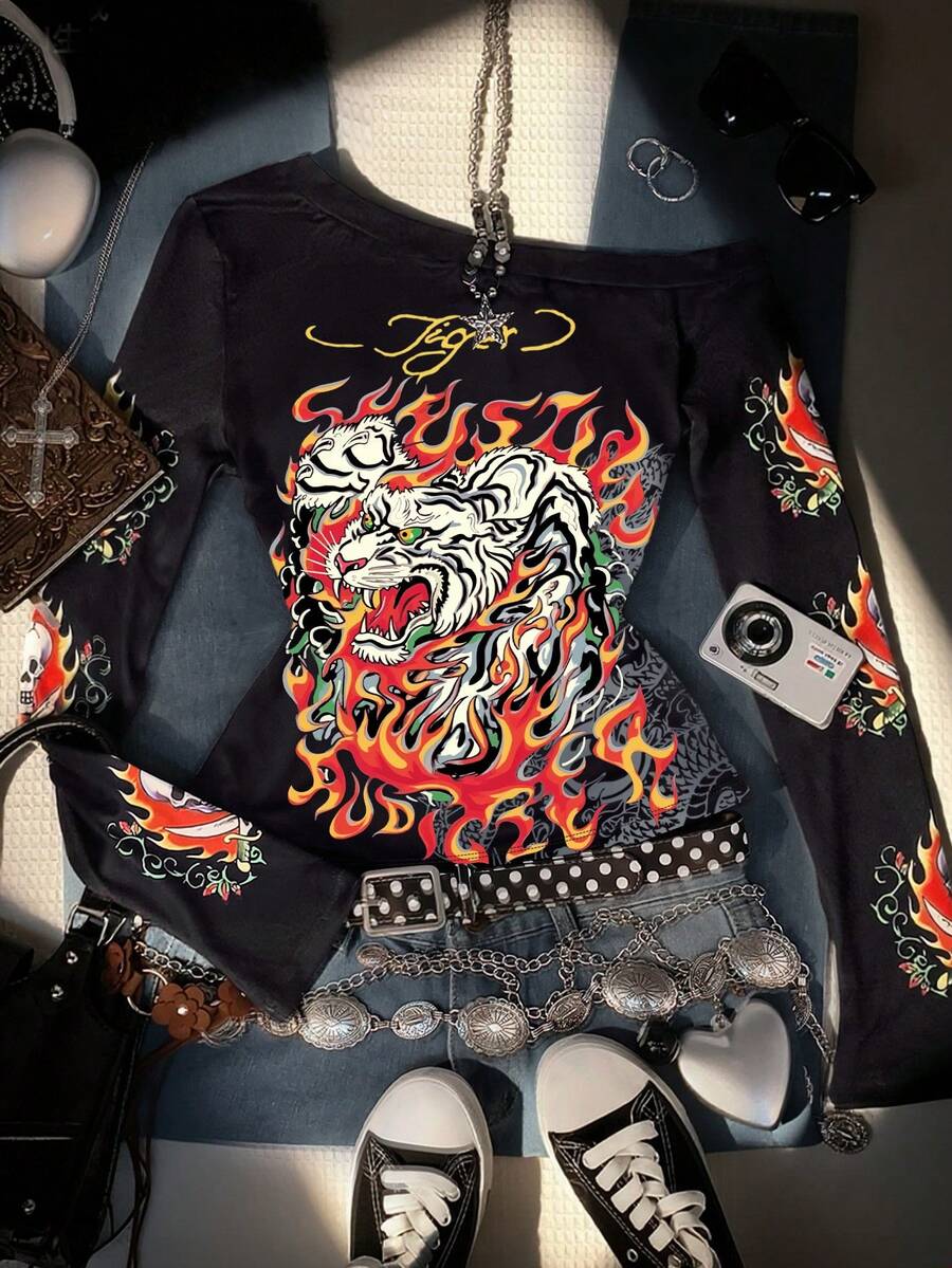 Noixe 女士Y2K单肩个性化印花长袖上衣，秋季女装，时尚Y2K辣妹风 - 彩色 - 查看 1