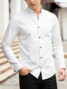 1pc Teen Boy Gentleman Style Solid Beige Long Sleeve Mandarin Collar Shirt, Versatile Slim Fit Elegant School/Casual Wear, Suitable For Wedding, Wedding Guest, Pageboy, Ring Boy,توكسيدو,رمضان - White - View 3