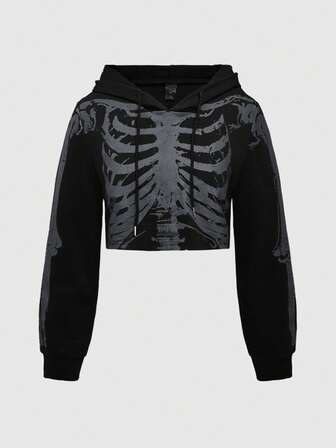 Grunge Punk Sudadera corta con capucha con cordón y estampado de calavera y esqueleto para mujer de talla grande
