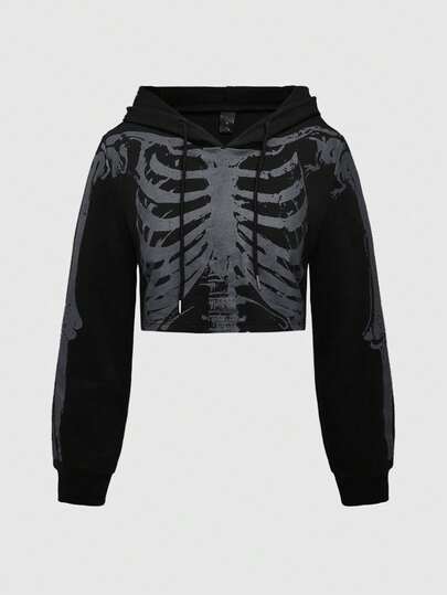 Grunge Punk Sudadera corta con capucha con cordón y estampado de calavera y esqueleto para mujer de talla grande