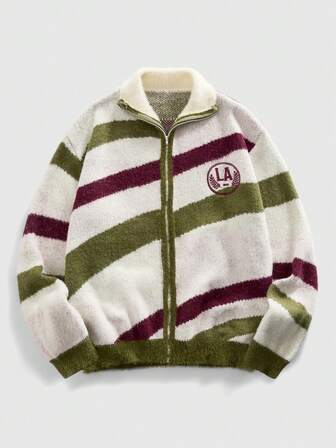 Cardigan con cremallera para hombres, suéter de punto con rayas de estilo universitario