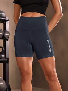 Powerista Quần short thể thao cạp rộng họa tiết chữ có túi đựng điện thoại, quần short tập luyện, quần short đi xe đạp cho nữ, quần vợt - Màu xanh hải quân - Xem 6