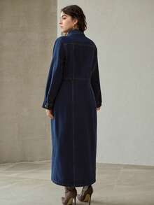 MOTF PREMIUM 加大码长袖牛仔衬衫裙 - 藍色 - 查看 4