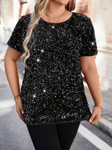 SHEIN Clasi Camisa brillante de manga corta talla grande, adecuada para el trabajo y el transporte - Negro - Ver 6