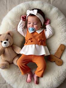 SHEIN 2件套新生女婴休闲套装，撞色翻领上衣搭配宽松针织裤，简约时尚 - 棕色 - 查看 3