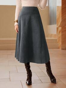 Modelyn Solid Color Faux Suede Flared Elegant Long Skirt For Women - Grey - View 7