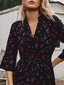 Freevana 女士度假黑色碎花衬衫裙，宽松七分袖连衣裙，休闲秋冬连衣裙