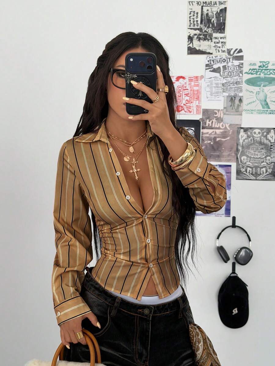 StreetHx Camisa casual de mujer de manga larga a rayas, de corte slim y de un solo pecho - Café integral - Ver 1