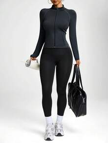 Dewbera Women's Raglan Sleeve Zip Front Fitted Dark Grey Athletic Jacket, Seamless - Dark Grey - View 4