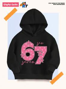 Tween Girl Casual Clothes With Polka Dot Five Pointed Star Pink Number 67 Letter Pattern Printed Basic Hooded Sweatshirt Suitable For Daily Wear - Black - View 5