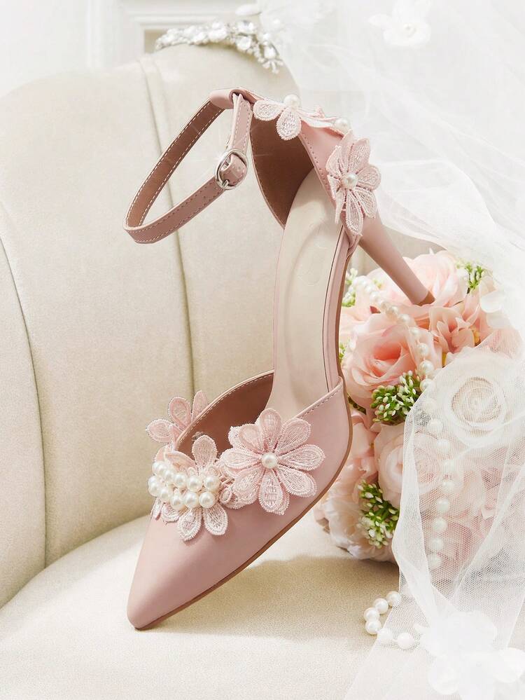 CUCCOO HITCHD Zapatos de tacón alto con punta fina para mujer, con decoración de perlas y flores 3D, tacones altos rosas para dama para boda y fiesta