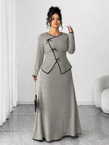 Elenzga 大码女式中国风蝴蝶结上衣和高品质半裙套装 - 卡其色 - 查看 4