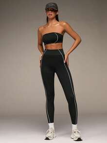 SHEIN BAE Sleeveless Black Micro Crop Strapless Set For Active Lifestyle Strapless Two Piece Set Two Piece Legging Set Workout Set Two Piece Gym Two Piece Set Yoga Set Two Piece Two Piece Sport Set Yoga Leggings Set Legging Two Piece Set - Black - View 4