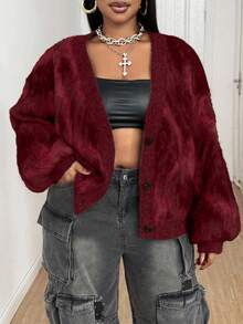 Maweii 大码女式扎染长袖单排扣宽松针织开衫，秋冬款 - 紅色 - 查看 3