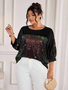 Cravure Plus Size Sequin Patchwork Satin Round Neck 3/4 Sleeve Loose Casual Blouse, Suitable For Outing, Party, Gathering - Multicolor - View 5