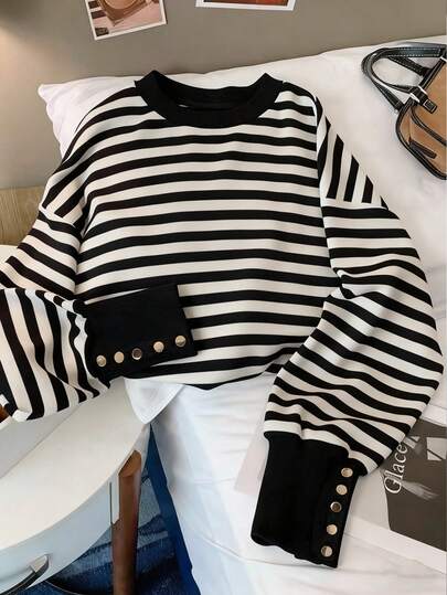 GlowEve CURVE 大码女式条纹圆领长袖休闲宽松卫衣