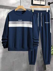 Manfinity LEGND Plus Size Men's Contrast Color Patchwork Crew Neck Long Sleeve Sweatshirt And Drawstring Waist Pants Set, Fall Winter Clothes