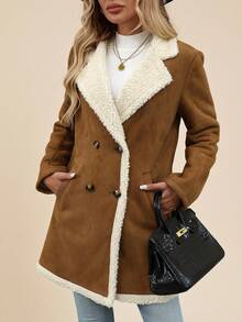 SHEIN Clasi 女士毛绒拼接前扣简约休闲常规外套（秋冬季款） - 巧克力棕 - 查看 8