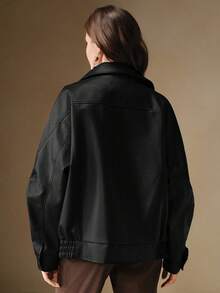 Anewsta Women's Solid Color PU Leather Pocket Zipper Front Loose Casual Jacket - Black - View 2