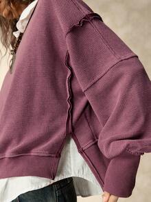 SoleilVie 女士休闲做旧落肩宽松卫衣，秋季纹理面料，水洗波西米亚风自由风格卫衣，新年新风格，冬季女装，圣诞节，新年，优雅上衣 - 紫色 - 查看 7