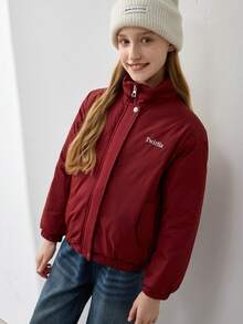 少女字母印花长袖拉链休闲外套 - 酒紅色 - 查看 4