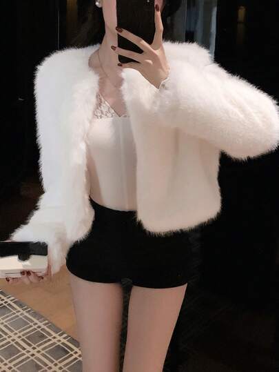 DAZY 女士纯色简约长袖仿皮草外套，适合秋冬季穿着