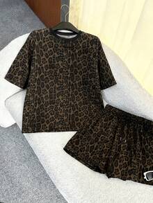 Lalippa Digital Leopard Muster Lässig Damen Rundhals T-Shirt & Sport Set, Geschenk für Freunde