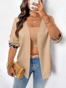 EMERY ROSE Plus Size Women Casual Long Sleeve Blazer Jacket With Leopard Print Patchwork - Khaki - View 5