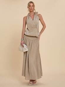 COSMINA Women's Light Khaki Crinkled Textured Fabric Maxi Casual Skirt,Casual For Women - Khaki - View 7