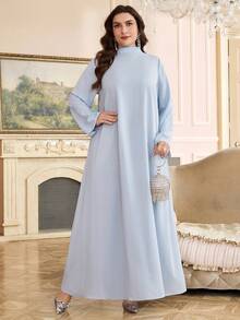 Al Najma 大码女式立领长袖露背抽绳拼接雪纺优雅阿拉伯连衣裙 - 藍色 - 查看 4