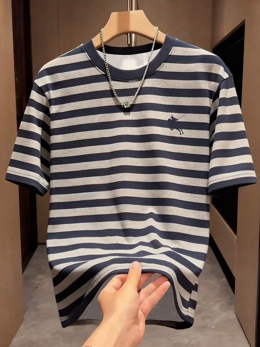 Manfinity Dauomo Men's Casual Striped Round Neck Knight Graphic Short Sleeve T-Shirt, Summer - Multicolor - View 1