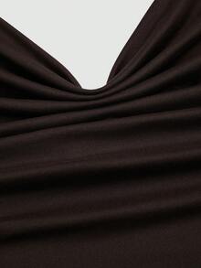 Sweetra Plus Size Women Solid Color Pleated Halter Metal Clasp Backless Camisole - Brown - View 7