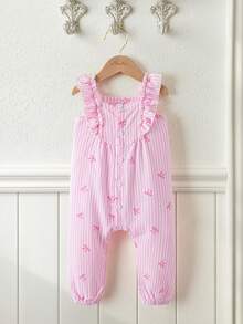 Souflis Souflis Baby Girls Toddler Vertical Striped Bow Print Square Neck Ruffle Hem Sleeveless Romper, Suitable For Spring/Summer Outings, Vacation, And Everyday Wear Toddler Girl Ruffled Jumpsuit Baby Girls Clothing Jumpsuit Baby Girl Bow Print Overall Baby Girl Striped Romper Baby Girl Ruffle Romper Baby Girls Clothing Jumpsuits Baby Girls Jumpsuits Baby Girls Bow Overalls Toddler Girl Romper - Multicolor - View 2