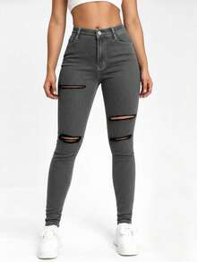 SHEIN ICON Black Slant Pocket Ripped Skinny Jeans - Grey - View 3