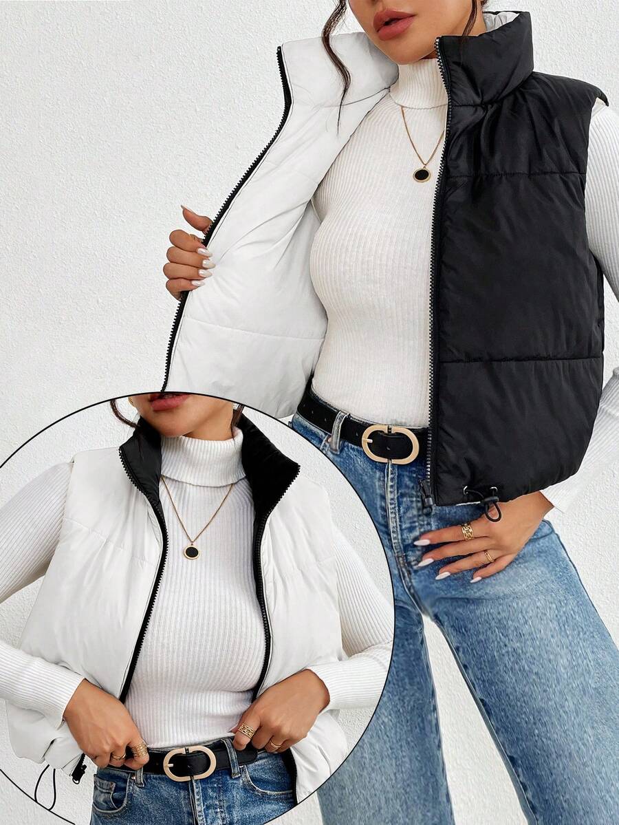 SHEIN Frenchy Áo khoác đệm cổ đứng không tay màu tương phản có thể đảo ngược cho nữ, mùa thu/đông - Đen và trắng - Xem 1