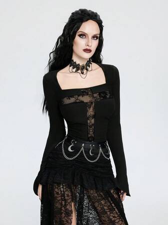 Breakform Camiseta de manga larga con cuello cuadrado, elástico lateral y volantes, de tejido de punto de unicolor con parches de malla y cruz en estilo gótico y retro para mujer