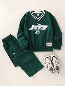 SHEIN 男童V领撞色字母印花长袖上衣+梭织长裤两件套，户外运动休闲街头服饰 - 綠色 - 查看 1