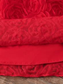 SHEIN Explorewe 少女甜美优雅杏色3D玫瑰纹理网纱A字公主迷你裙 - 紅色 - 查看 8